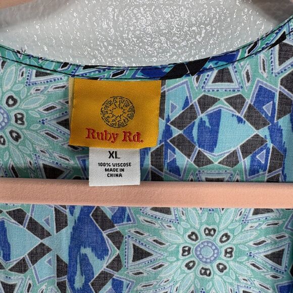 Ruby Rd Womens Size XL Aqua Black White Abstract Shawl Swimsuit Coverup Tassels - Picture 3 of 8